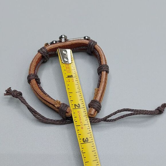 Cross Charm Brown Genuine Leather Adjustable Bracelet - Picture 4 of 4